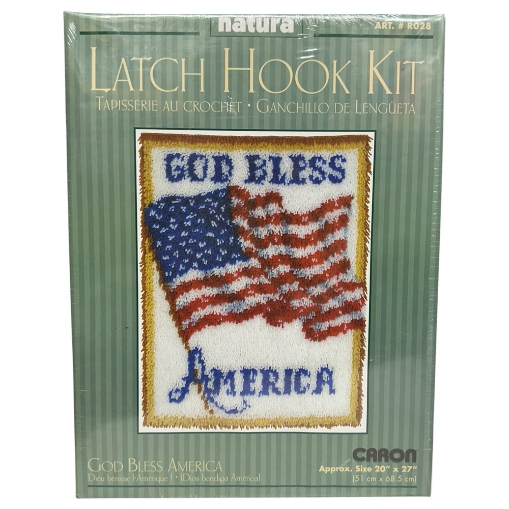 Caron Natura Latch‎ Hook Kit GOD BLESS AMERICA 20X27" Square Flag USA NEW SEALED